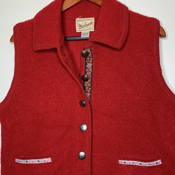Woolrich | Red Silver Button Adorned Wool Vest Collared With Pockets Floral Trim - Picture 10 of 11